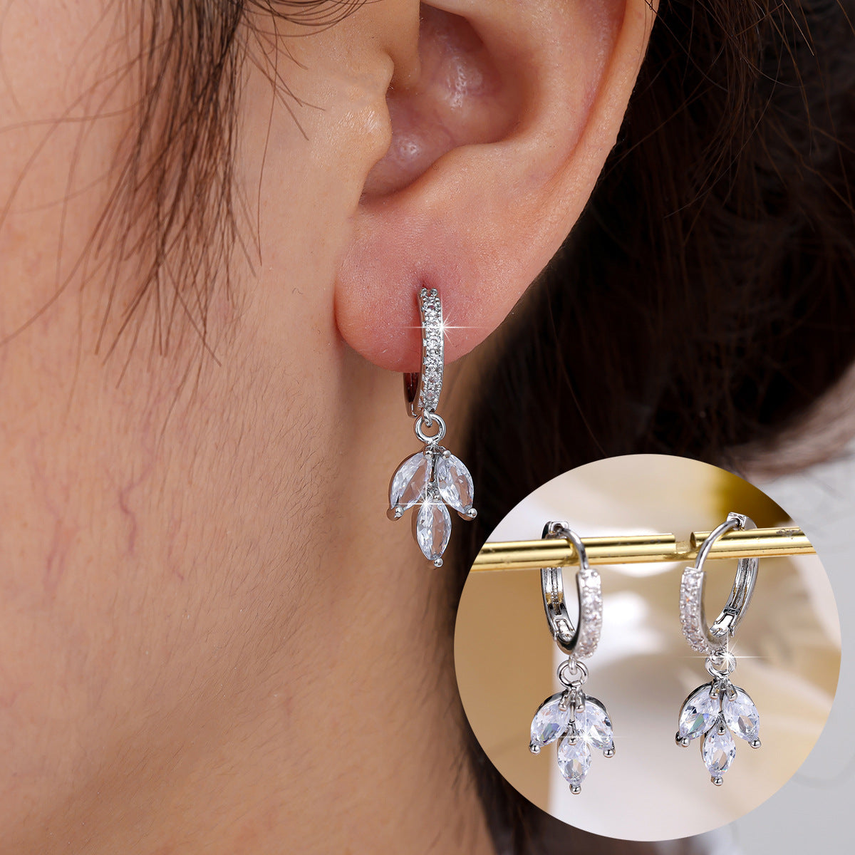 Leaves Earrings For Women With Copper Ear Pins, Electroplated Gold Plating And Zircon Inlay