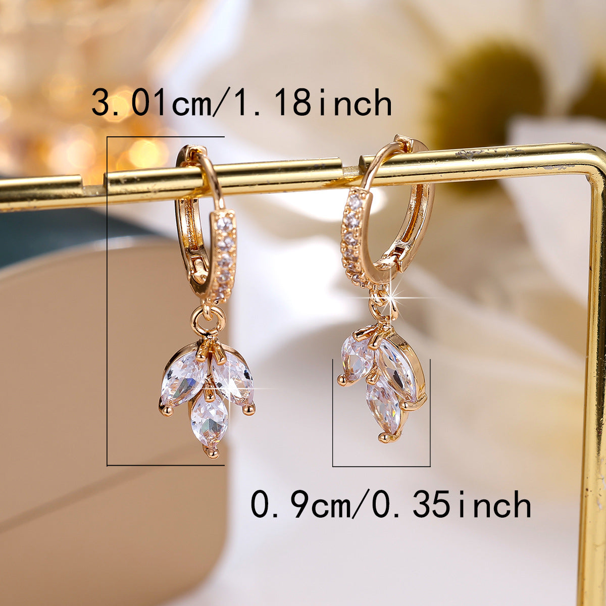 Leaves Earrings For Women With Copper Ear Pins, Electroplated Gold Plating And Zircon Inlay