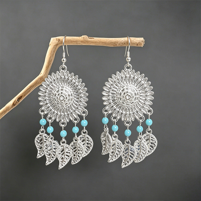 Bohemian Leaves Tassel Earrings For Women In Lake Blue Zinc Alloy