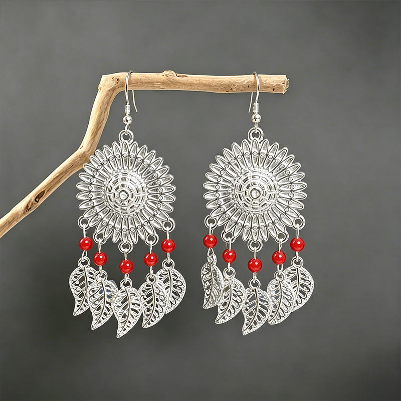 Bohemian Leaves Tassel Earrings For Women In Lake Blue Zinc Alloy