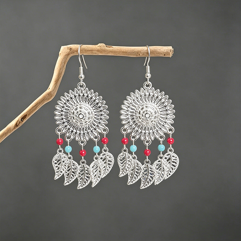 Bohemian Leaves Tassel Earrings For Women In Lake Blue Zinc Alloy