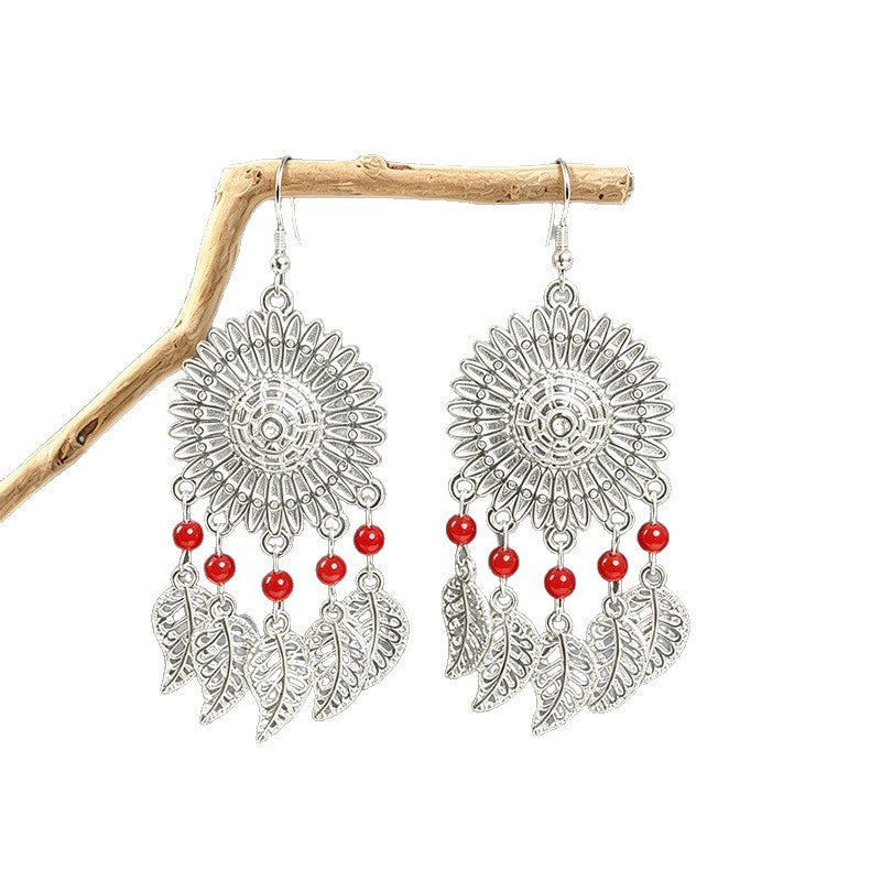 Bohemian Leaves Tassel Earrings For Women In Lake Blue Zinc Alloy
