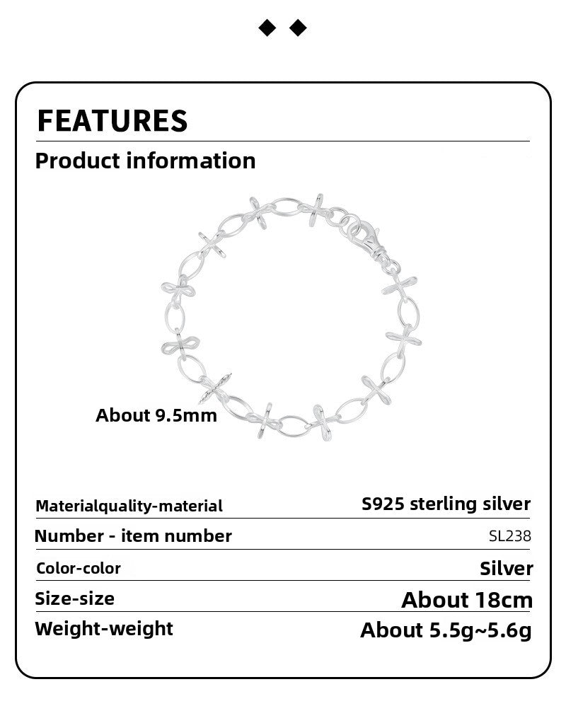 Asymmetrical Bow Tie Bracelet For Women In Simple Style, Electroplated 925 Sterling Silver Chain