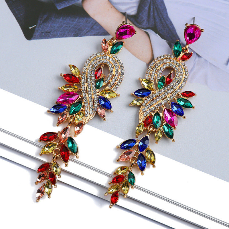 Leaf Tassel Drop Earrings For Women In Colour Alloy With Rhinestones And 304 Stainless Steel Ear Pins