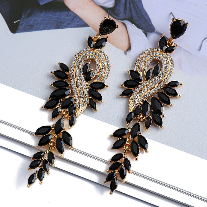 Leaf Tassel Drop Earrings For Women In Colour Alloy With Rhinestones And 304 Stainless Steel Ear Pins