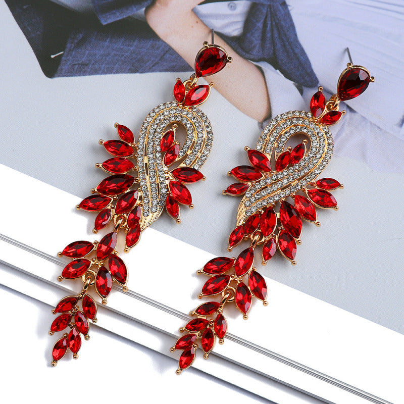 Leaf Tassel Drop Earrings For Women In Colour Alloy With Rhinestones And 304 Stainless Steel Ear Pins