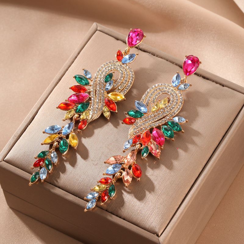 Leaf Tassel Drop Earrings For Women In Colour Alloy With Rhinestones And 304 Stainless Steel Ear Pins