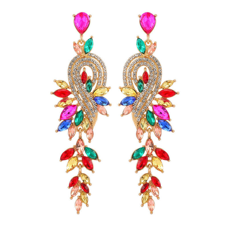 Leaf Tassel Drop Earrings For Women In Colour Alloy With Rhinestones And 304 Stainless Steel Ear Pins