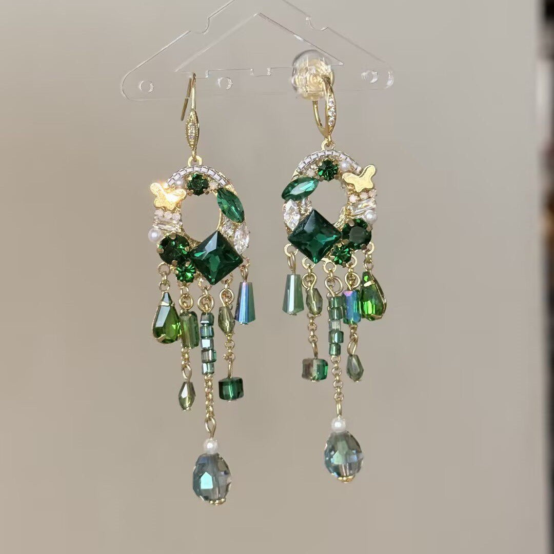 Ethnic Bohemian Earrings For Women With Green Tassel Craft And Labradorite Inlay Made From Alloy