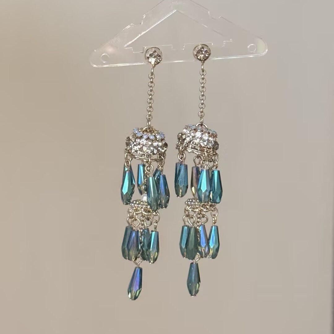 Ethnic Bohemian Earrings For Women With Green Tassel Craft And Labradorite Inlay Made From Alloy