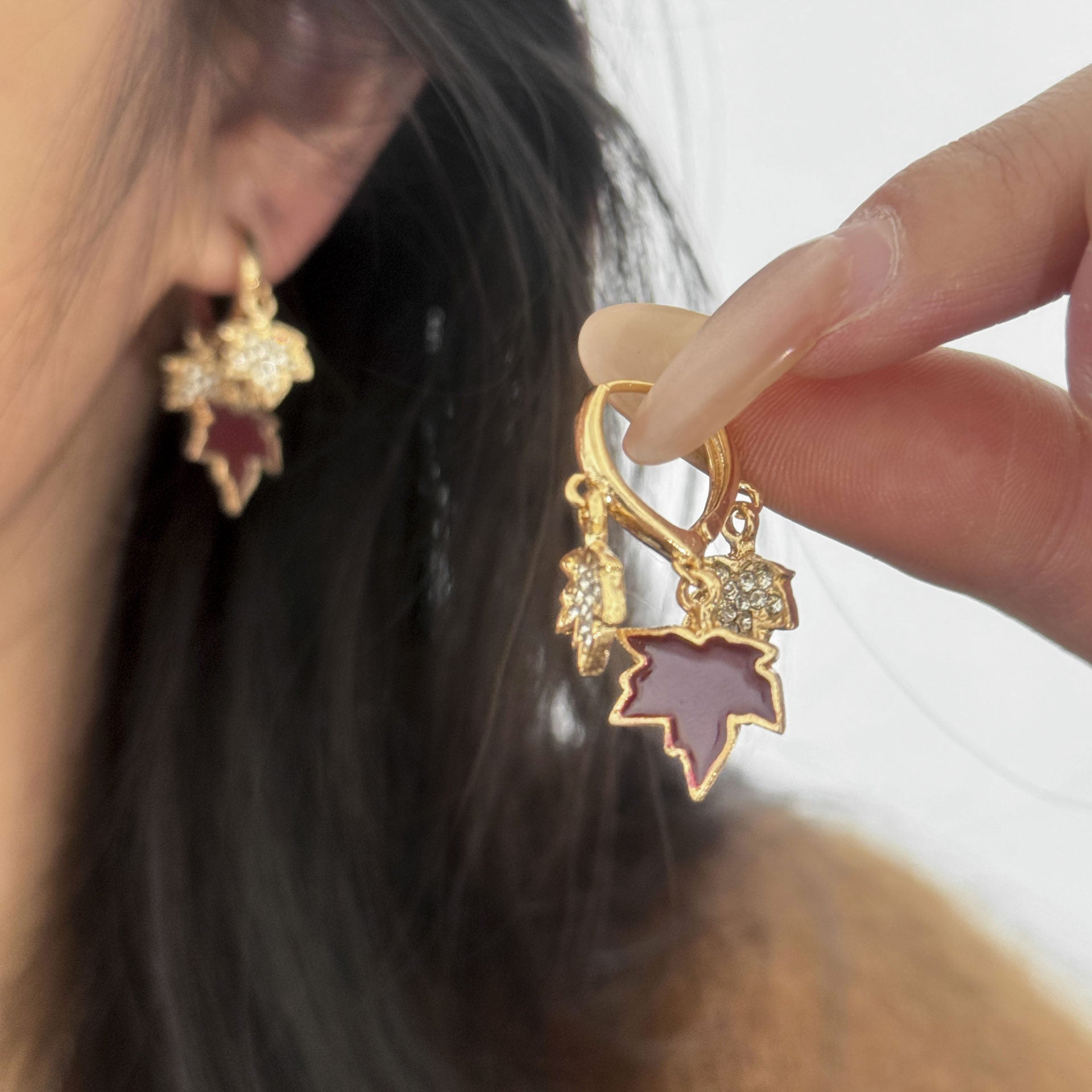 Maple Leaf Alloy Earrings With Rhinestones, Featuring 925 Sterling Silver Studs In Retro Style For Women
