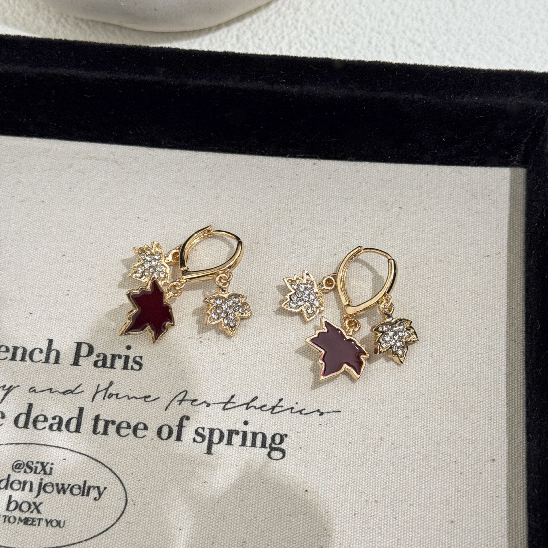 Maple Leaf Alloy Earrings With Rhinestones, Featuring 925 Sterling Silver Studs In Retro Style For Women