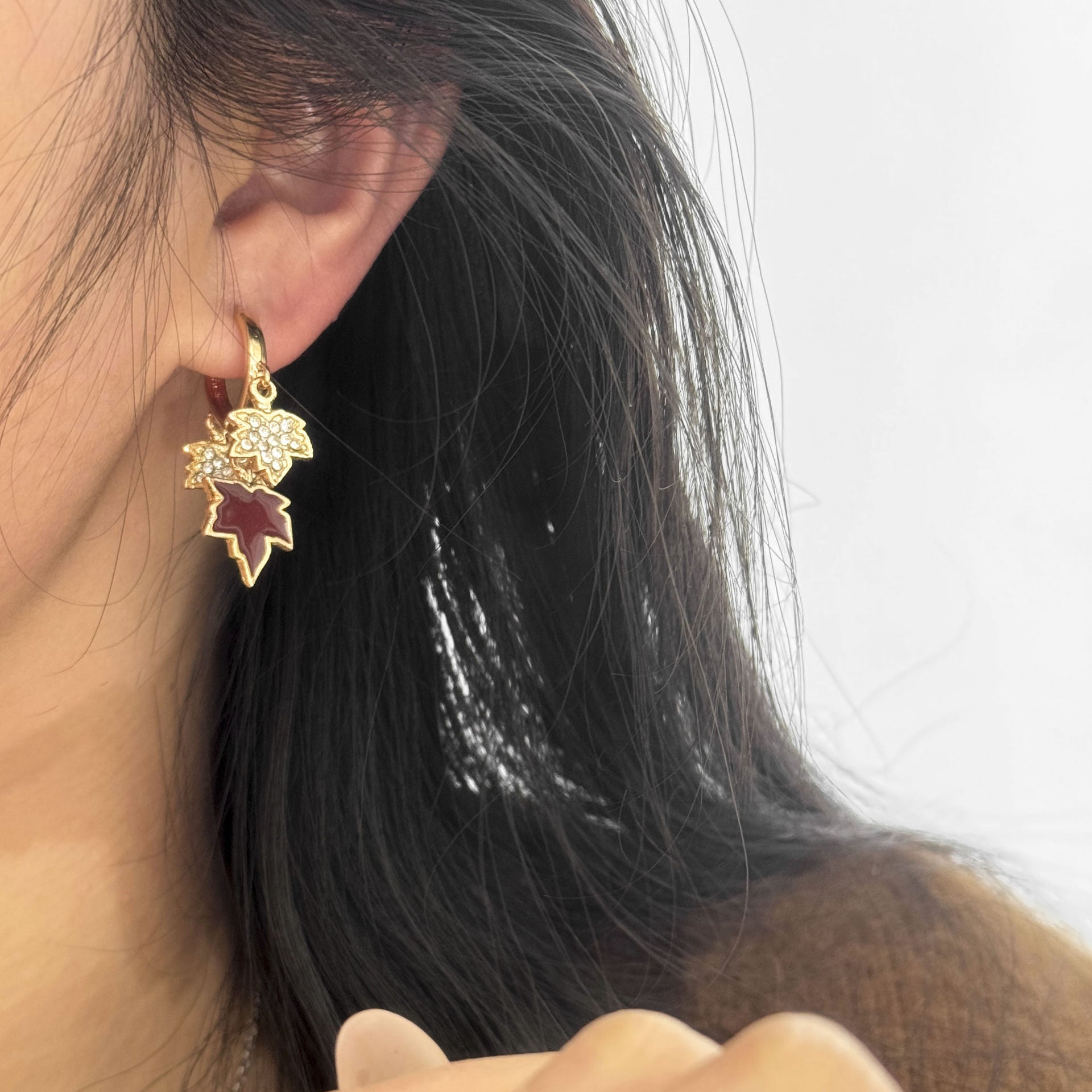Maple Leaf Alloy Earrings With Rhinestones, Featuring 925 Sterling Silver Studs In Retro Style For Women