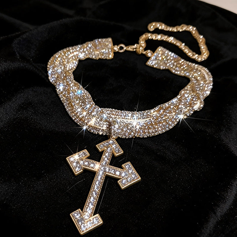 Exaggerated Gold Cross Layered Necklace For Women, Alloy With Copper Pendant And Rhinestone Inlay