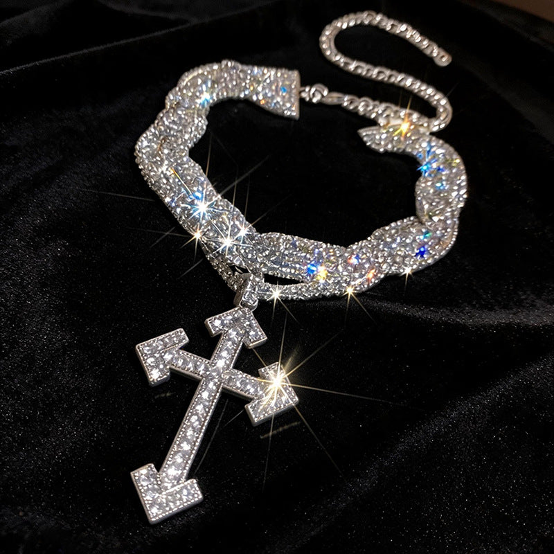 Exaggerated Gold Cross Layered Necklace For Women, Alloy With Copper Pendant And Rhinestone Inlay