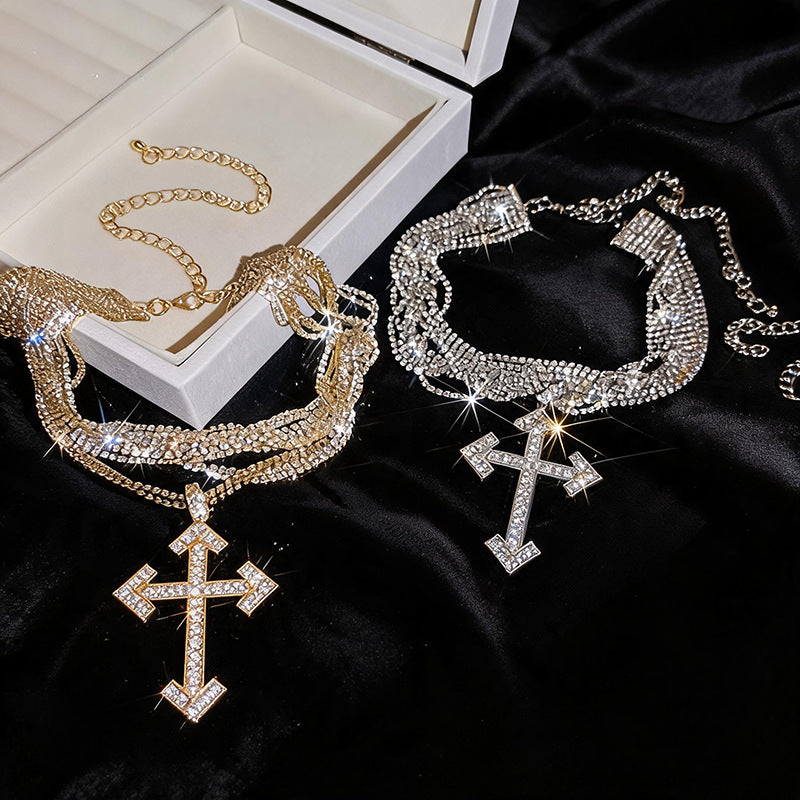 Exaggerated Gold Cross Layered Necklace For Women, Alloy With Copper Pendant And Rhinestone Inlay