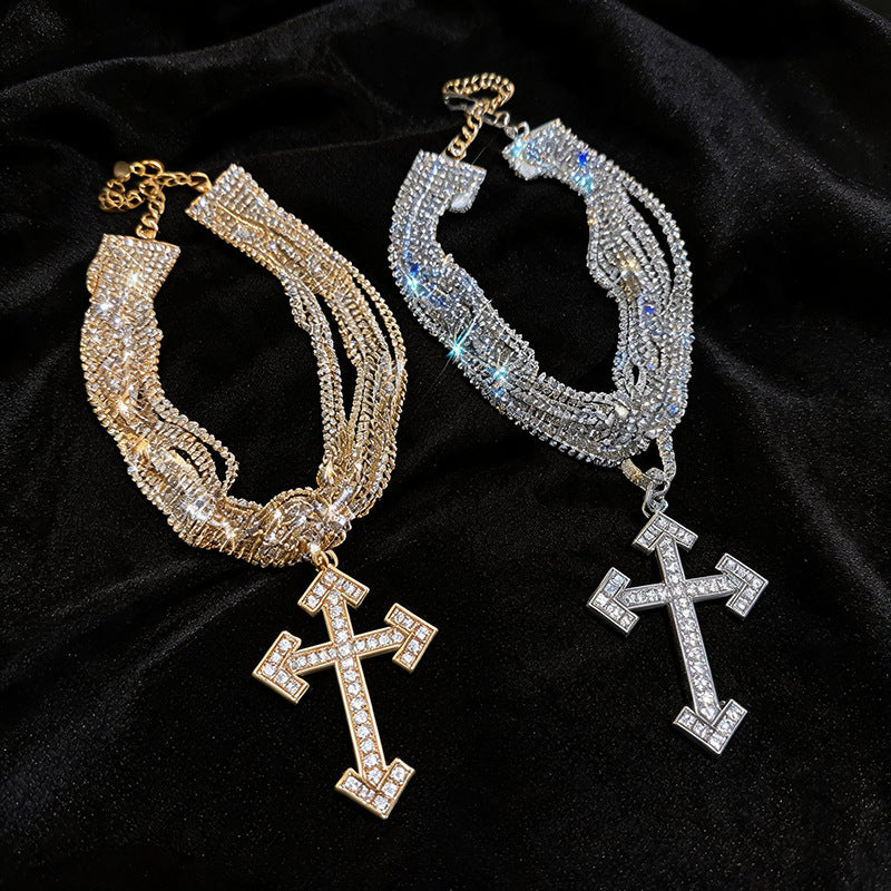Exaggerated Gold Cross Layered Necklace For Women, Alloy With Copper Pendant And Rhinestone Inlay