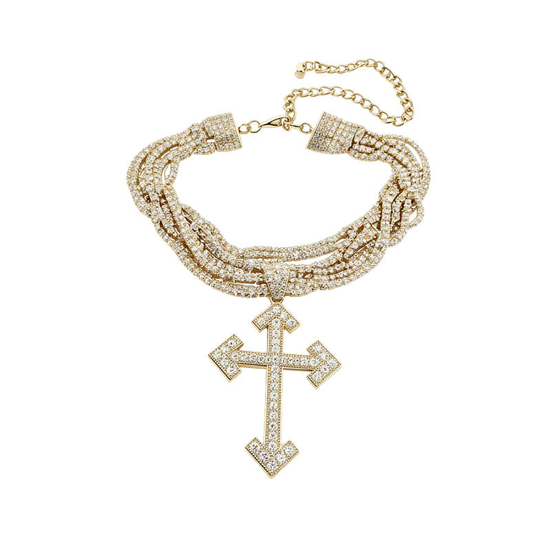 Exaggerated Gold Cross Layered Necklace For Women, Alloy With Copper Pendant And Rhinestone Inlay