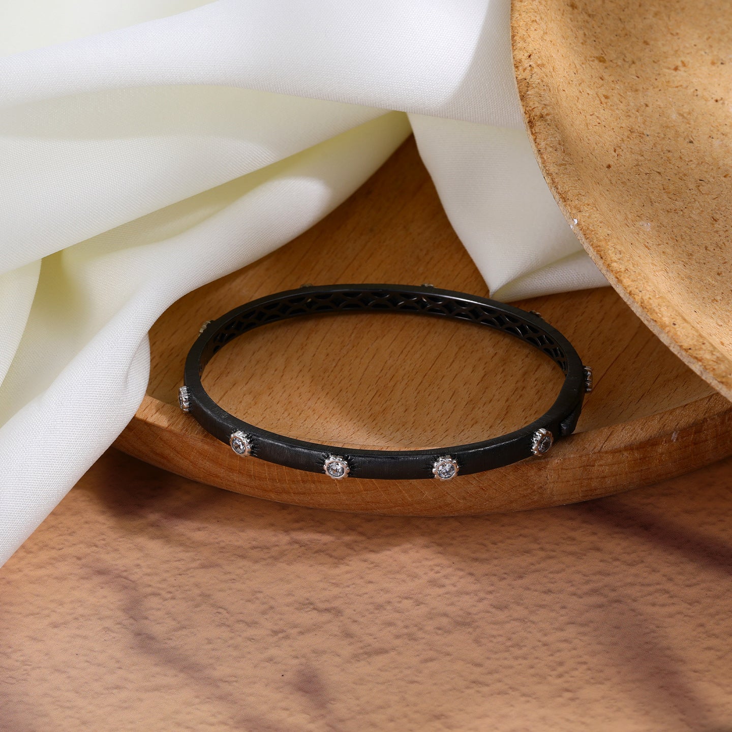 Brushed 925 Sterling Silver Round Bangle In Dyed Black