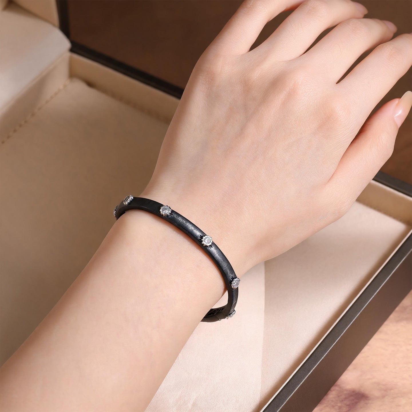 Brushed 925 Sterling Silver Round Bangle In Dyed Black