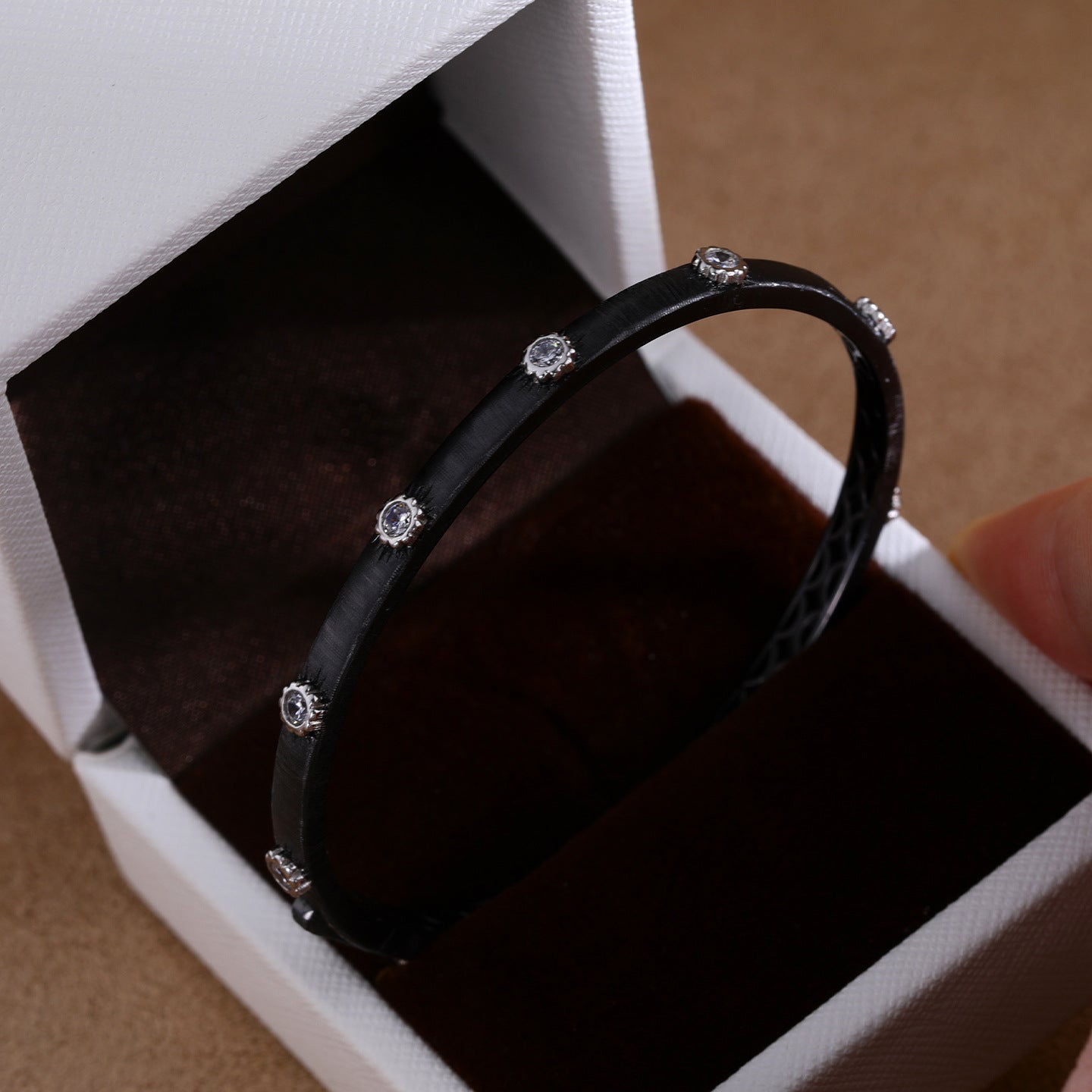 Brushed 925 Sterling Silver Round Bangle In Dyed Black
