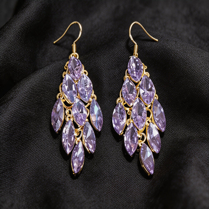 Leaves Tassel Earrings For Women In Silver Alloy With Rhinestones, Featuring 304 Stainless Steel Ear Pins