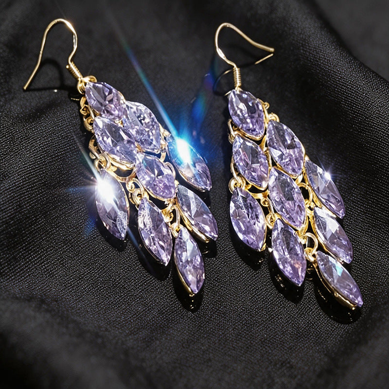 Leaves Tassel Earrings For Women In Silver Alloy With Rhinestones, Featuring 304 Stainless Steel Ear Pins