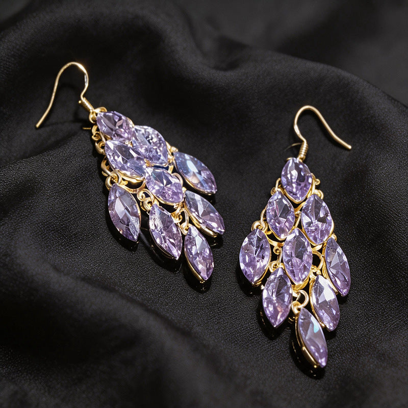 Leaves Tassel Earrings For Women In Silver Alloy With Rhinestones, Featuring 304 Stainless Steel Ear Pins