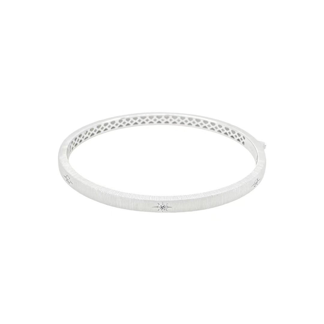 Starburst Brushed 925 Sterling Silver Bangle With Diamond Inlay