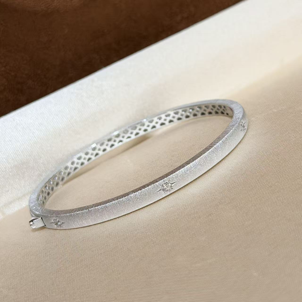 Starburst Brushed 925 Sterling Silver Bangle With Diamond Inlay