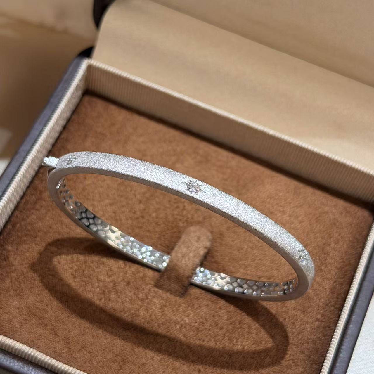 Starburst Brushed 925 Sterling Silver Bangle With Diamond Inlay