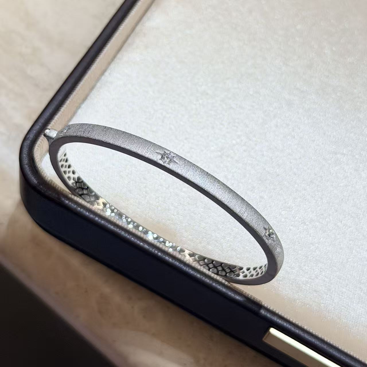 Starburst Brushed 925 Sterling Silver Bangle With Diamond Inlay