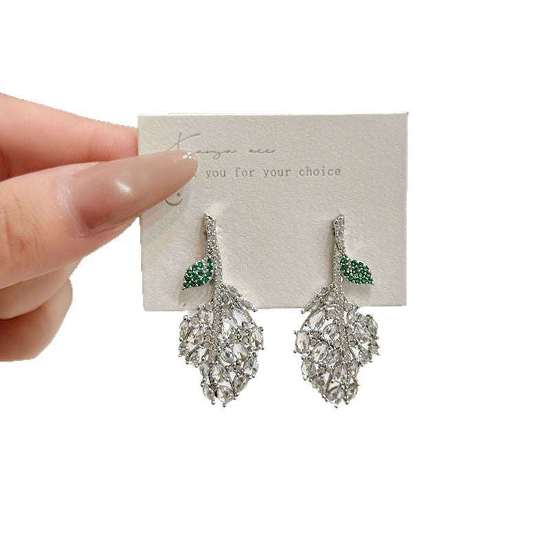 Elaborate Leaves Earrings For Women In Green Copper With Rhinestones, Featuring An Exaggerated Style