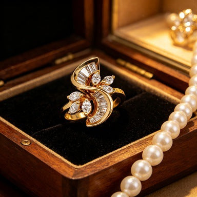 Geometric Gold Alloy Ring For Women With Zircon Inlay, Elegant And Stylish Jewelry Accessory