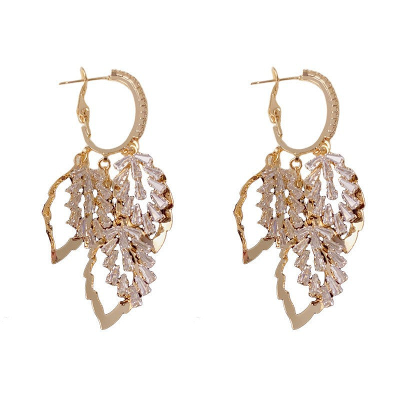 Exaggerated Leaves Drop Earrings For Women With Copper Ear Pins, Real Gold Plated And Zircon Inlay