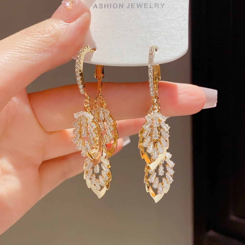 Exaggerated Leaves Drop Earrings For Women With Copper Ear Pins, Real Gold Plated And Zircon Inlay