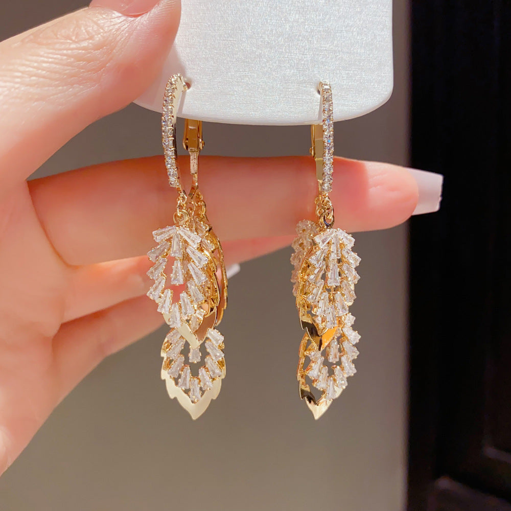 Exaggerated Leaves Drop Earrings For Women With Copper Ear Pins, Real Gold Plated And Zircon Inlay