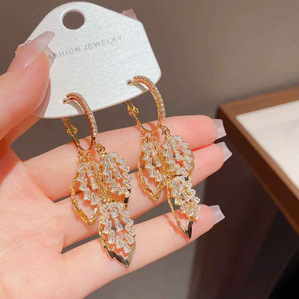 Exaggerated Leaves Drop Earrings For Women With Copper Ear Pins, Real Gold Plated And Zircon Inlay