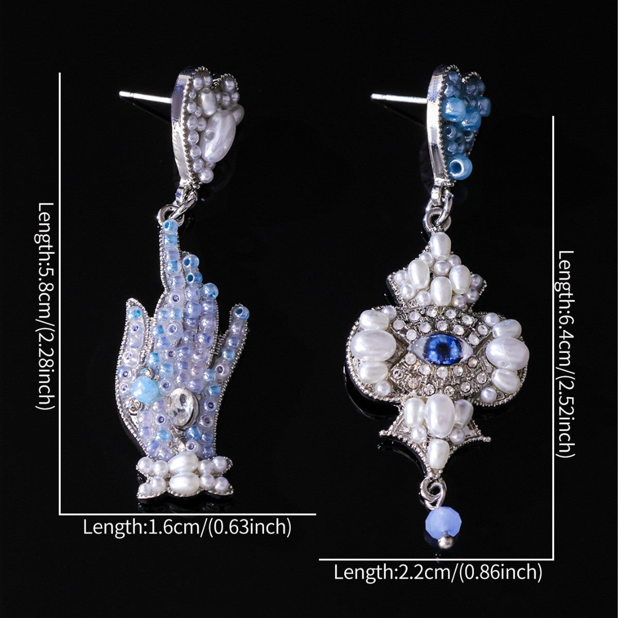 Devil's Eye Asymmetrical Drop Earrings In Baroque Style With Copper Alloy And Rhinestones, 925 Sterling Silver Stud For Women
