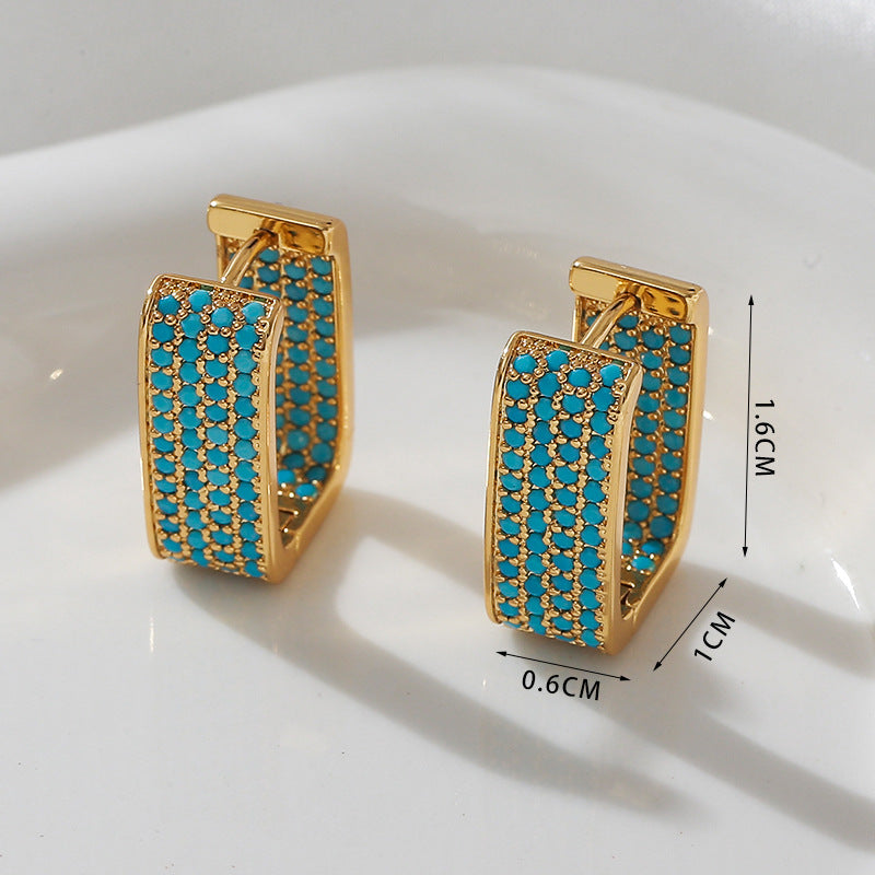 Luxurious U Shape Clip Earrings For Women With Turquoise And Rhinestone Inlay