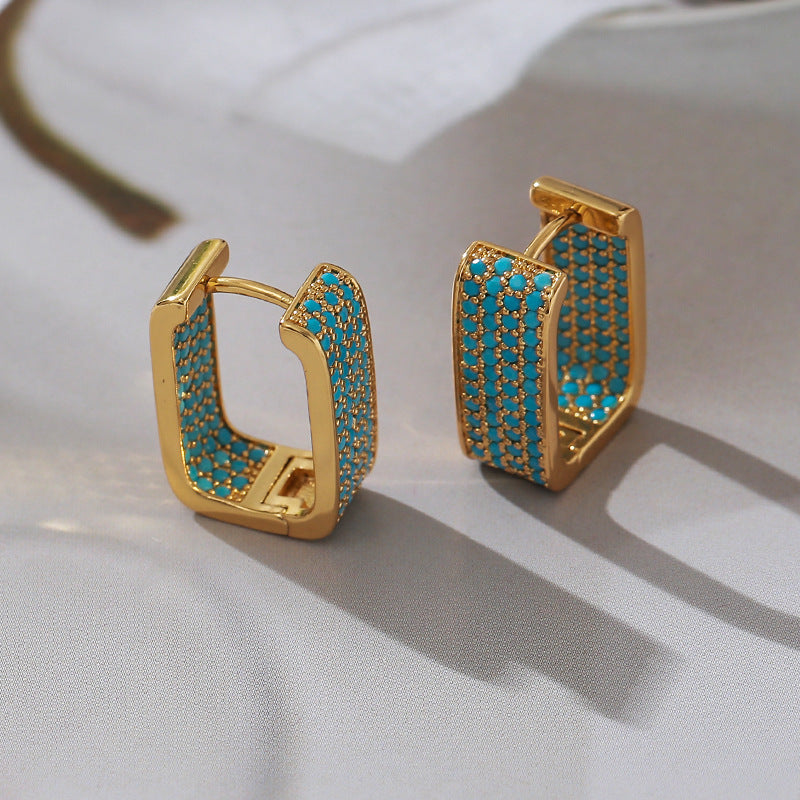 Luxurious U Shape Clip Earrings For Women With Turquoise And Rhinestone Inlay