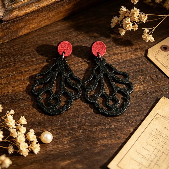 Bohemian Dyed Black Wood Leaves Earrings With Iron Ear Pins For Women