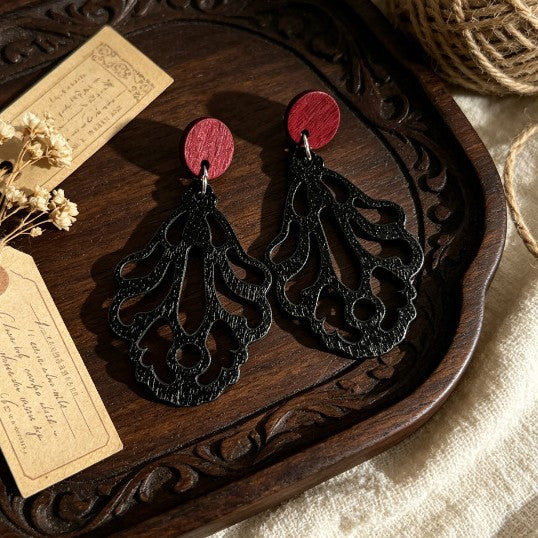 Bohemian Dyed Black Wood Leaves Earrings With Iron Ear Pins For Women