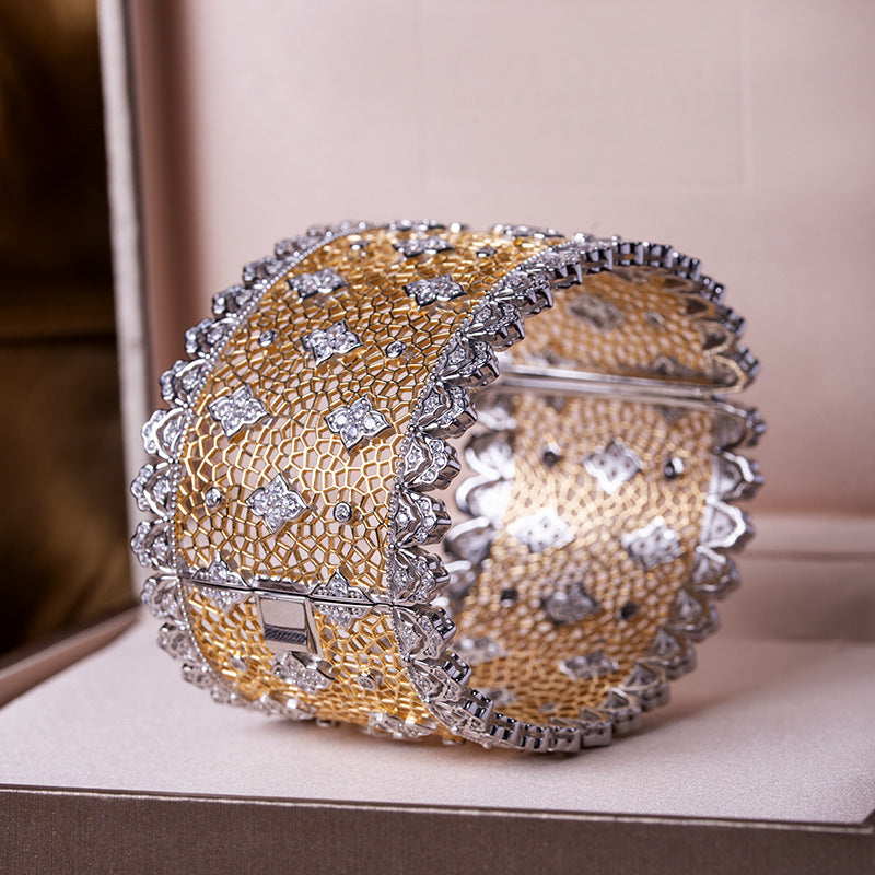 Lace Inlay Bangle In 925 Sterling Silver With Electroplated Golden Plating, Elegant Gold Bracelet