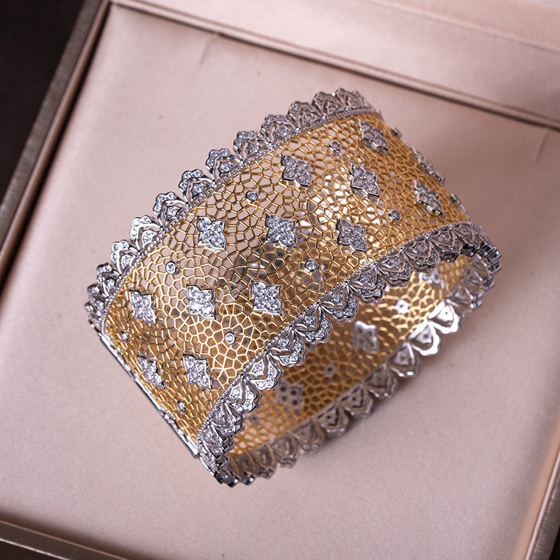 Lace Inlay Bangle In 925 Sterling Silver With Electroplated Golden Plating, Elegant Gold Bracelet