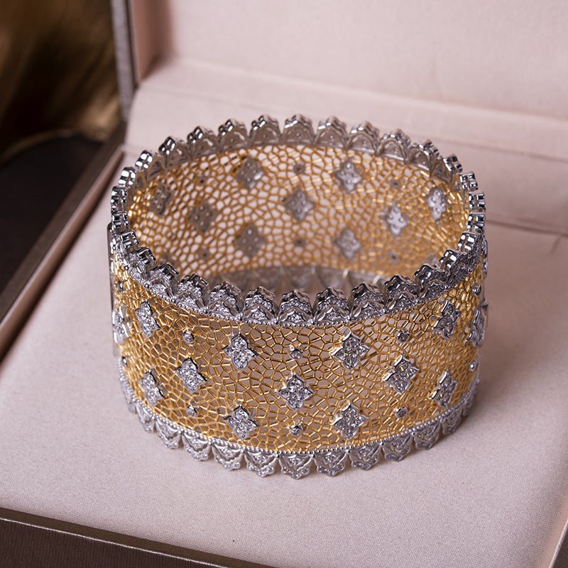 Lace Inlay Bangle In 925 Sterling Silver With Electroplated Golden Plating, Elegant Gold Bracelet