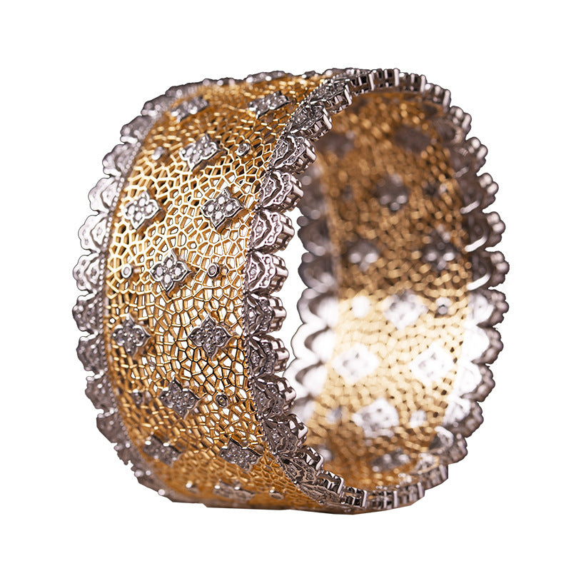 Lace Inlay Bangle In 925 Sterling Silver With Electroplated Golden Plating, Elegant Gold Bracelet