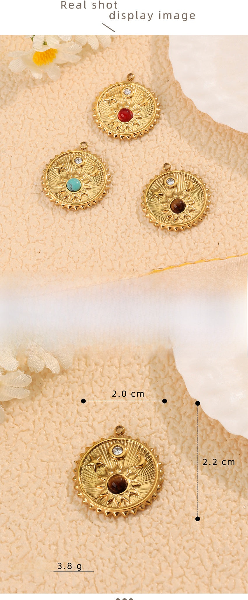 Moon Pendant In 304 Stainless Steel With PVD Coated Electroplated 18K Real Gold Plating And Natural Stone Inlay