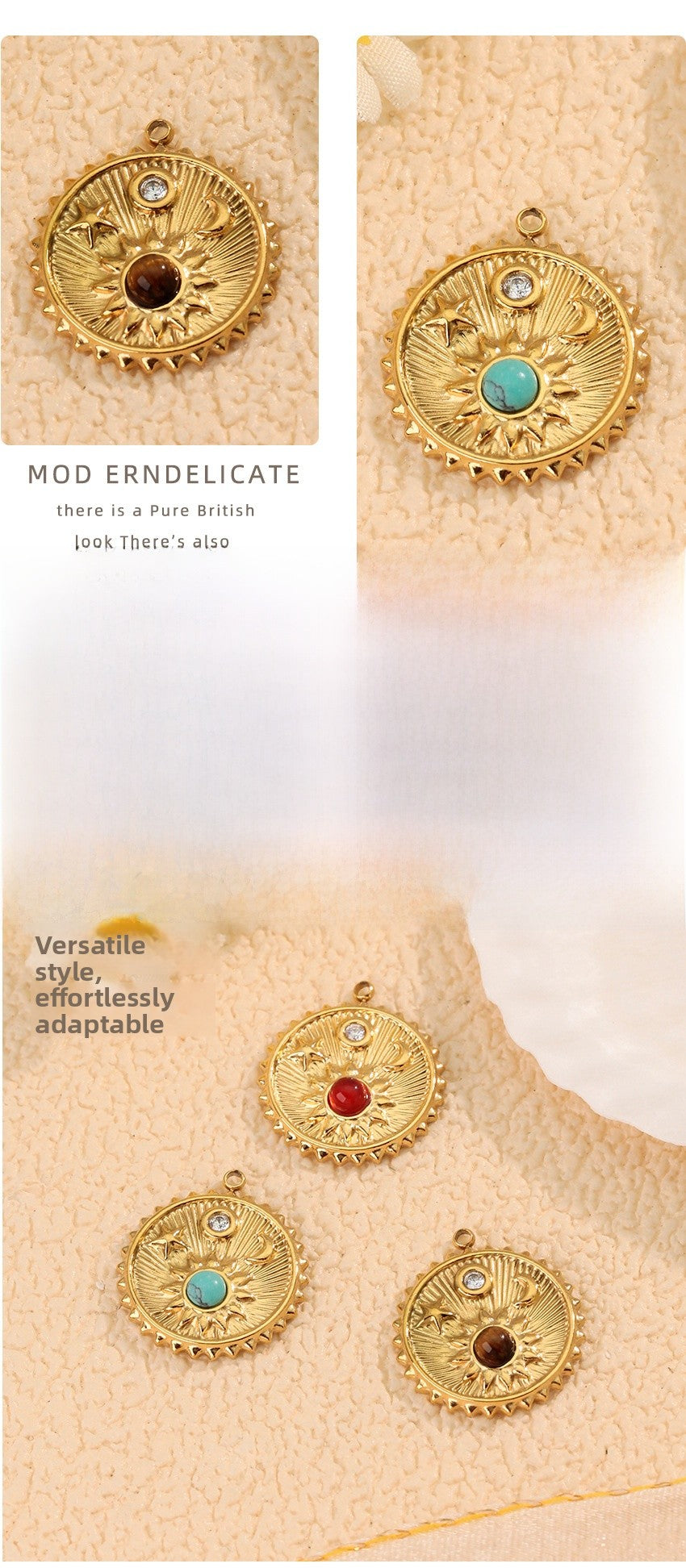 Moon Pendant In 304 Stainless Steel With PVD Coated Electroplated 18K Real Gold Plating And Natural Stone Inlay