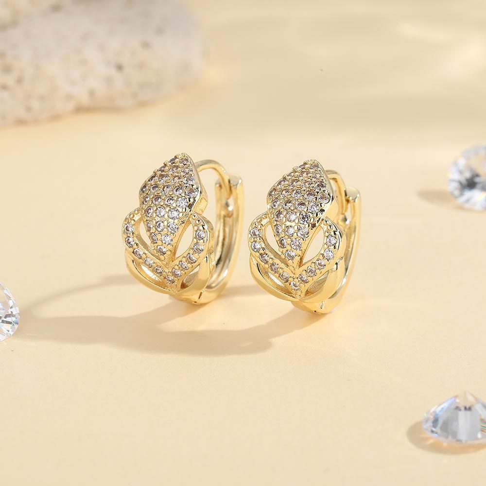Gold Leaves Earrings For Women Featuring Copper Ear Pins And Zircon Inlay